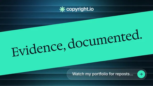 Landscape graphic for copyright.io: "Evidence, documented." Agentic glass style, diagonal layout, light palette in teal, black.