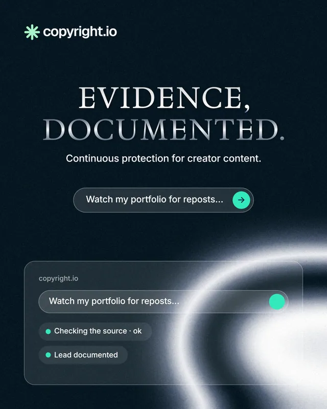 Instagram portrait post for copyright.io: "Evidence, documented." Agentic glass style, centred layout, dark palette in blue, black, grey.