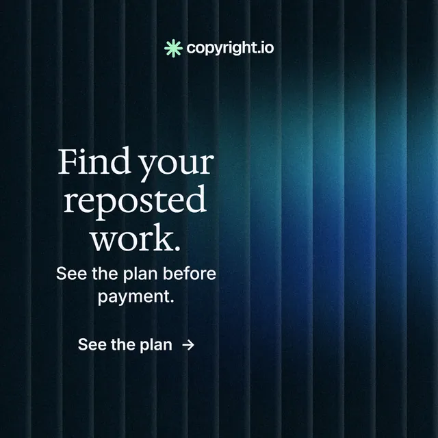 Instagram post for copyright.io: "Find your reposted work." Minimal luxury style, skeleton layout, dark palette in black, blue.