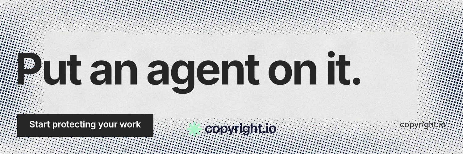 X header for copyright.io: "Put an agent on it." Swiss style, poster layout, light palette in grey, white.