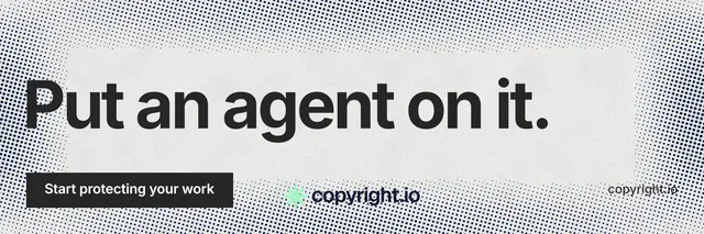 X header for copyright.io: "Put an agent on it." Swiss style, poster layout, light palette in grey, white.