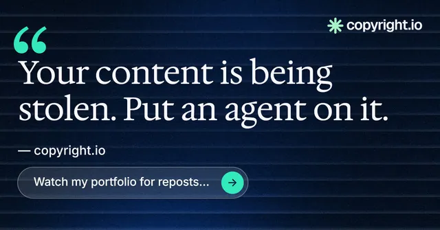 Social ad for copyright.io: "Protect your work." Agentic glass style, quote layout, dark palette in blue, black, grey.
