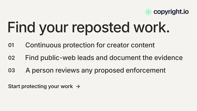 Landscape graphic for copyright.io: "Find your reposted work." Minimal luxury style, numbered layout, light palette in white.