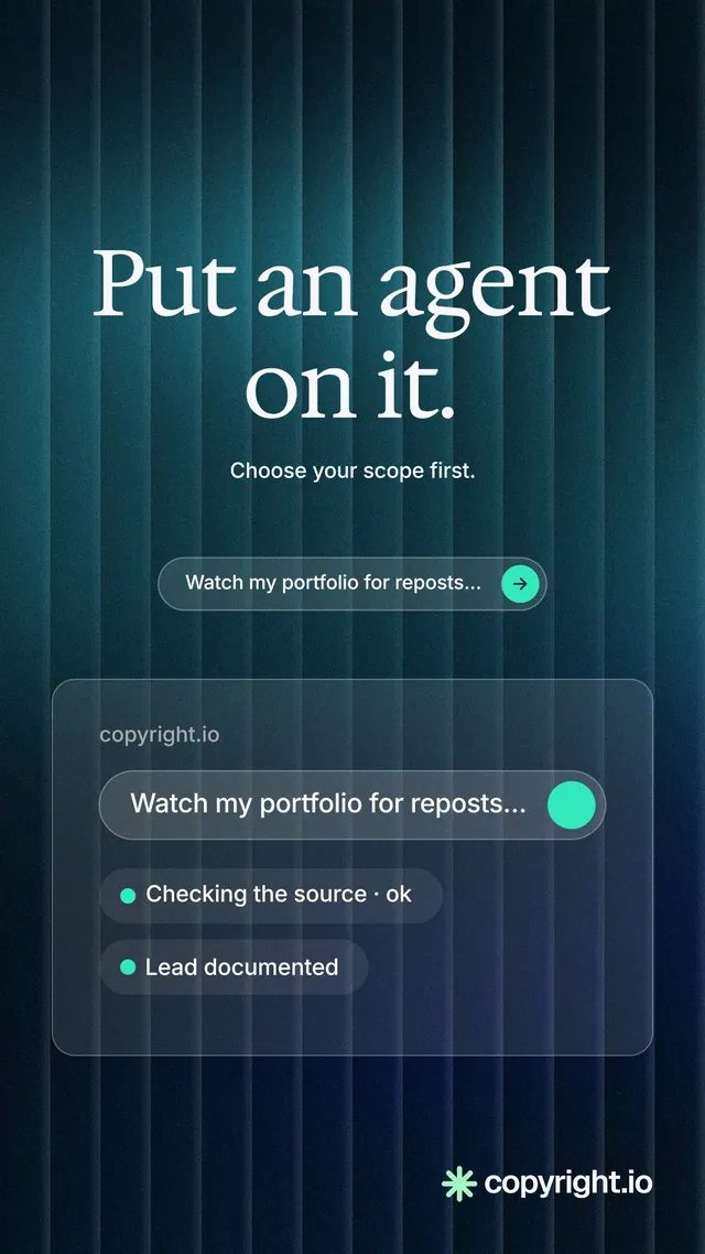 Instagram story for copyright.io: "Put an agent on it." Agentic glass style, centred layout, dark palette in blue, black, teal.