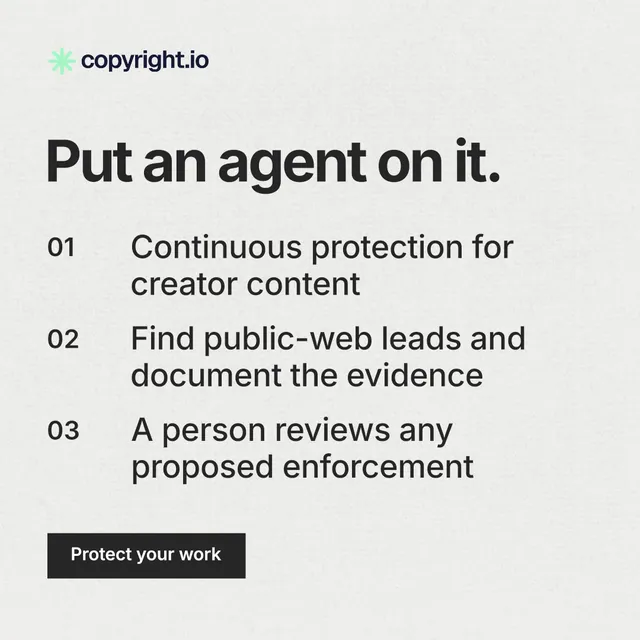 Instagram post for copyright.io: "Put an agent on it." Swiss style, numbered layout, light palette in white, grey.