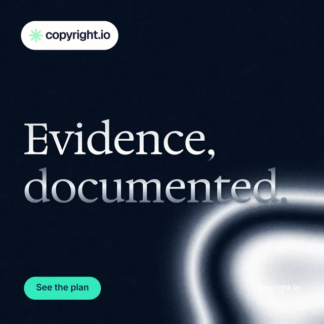 Instagram post for copyright.io: "Evidence, documented." Y2K style, poster layout, dark palette in black, grey.
