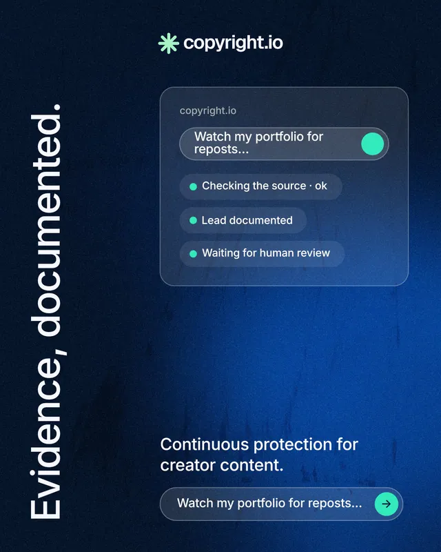 Instagram portrait post for copyright.io: "Evidence, documented." Agentic glass style, vertical layout, dark palette in blue, black.