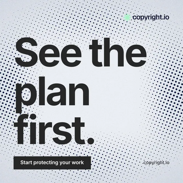 Instagram post for copyright.io: "See the plan first." Swiss style, poster layout, light palette in blue, white, grey.