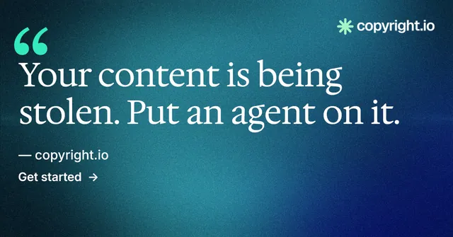 Social ad for copyright.io: "Put an agent on it." Minimal luxury style, quote layout, dark palette in blue, teal.