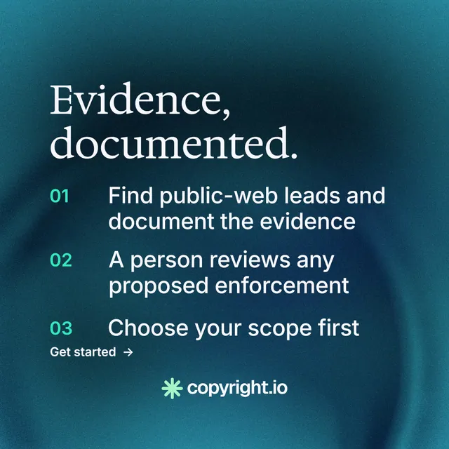 Instagram post for copyright.io: "Evidence, documented." Minimal luxury style, numbered layout, dark palette in blue, teal.