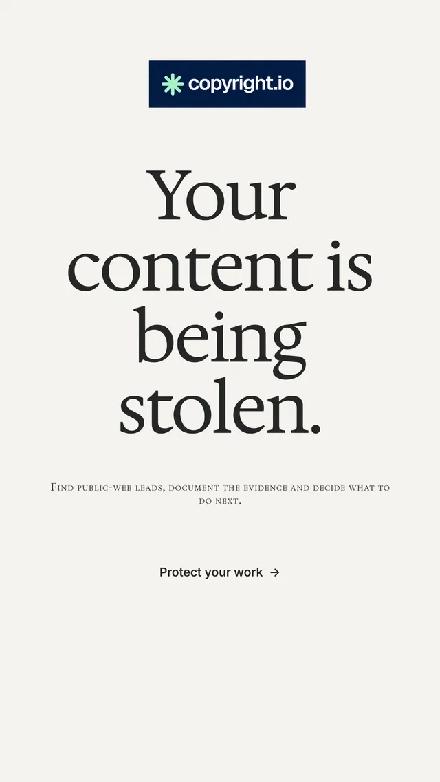 Instagram story for copyright.io: "Your content is being stolen." Swiss style, smallcaps layout, light palette in white, grey.