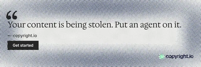 X header for copyright.io: "Reposts don't remove themselves." Retro print style, quote layout, light palette in white, grey.