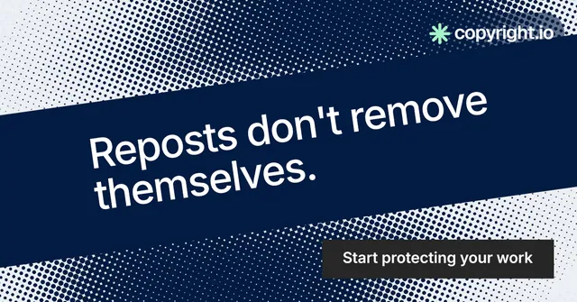 Social ad for copyright.io: "Reposts don't remove themselves." Swiss style, diagonal layout, dark palette in blue, grey.