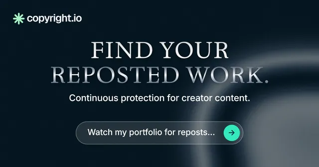 Social ad for copyright.io: "Find your reposted work." Agentic glass style, centred layout, dark palette in black, grey, blue.