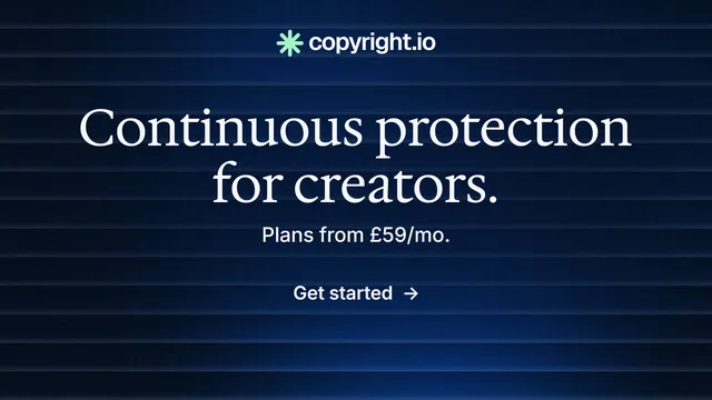Landscape graphic for copyright.io: "Continuous protection for creators." Minimal luxury style, centred layout, dark palette in blue, black.