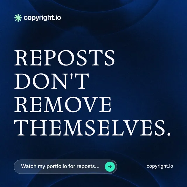 Instagram post for copyright.io: "Reposts don't remove themselves." Agentic glass style, poster layout, dark palette in blue, black.