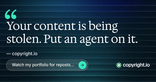 Social ad for copyright.io: "Continuous protection for creators." Agentic glass style, quote layout, dark palette in black, blue, grey.