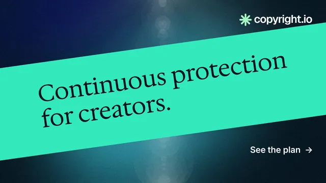 Landscape graphic for copyright.io: "Continuous protection for creators." Minimal luxury style, diagonal layout, light palette in teal, blue.