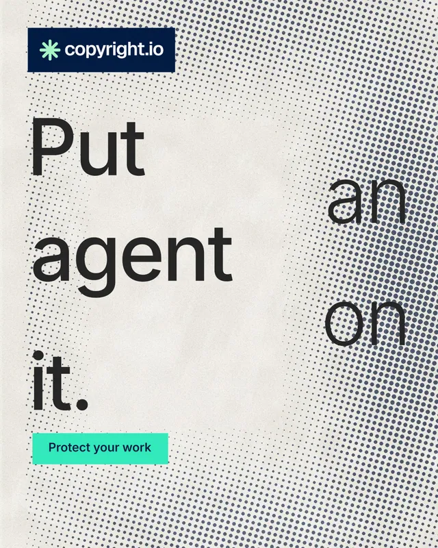 Instagram portrait post for copyright.io: "Put an agent on it." Swiss style, stacked layout, light palette in grey, yellow, white.