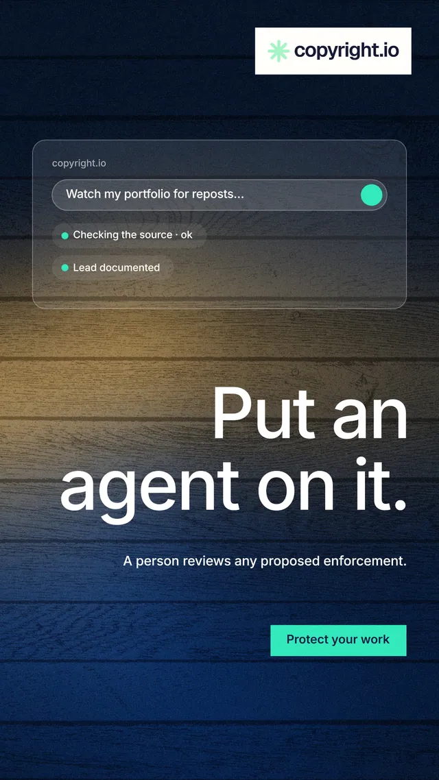 Instagram story for copyright.io: "Put an agent on it." Swiss style, right layout, dark palette in blue, black, grey.