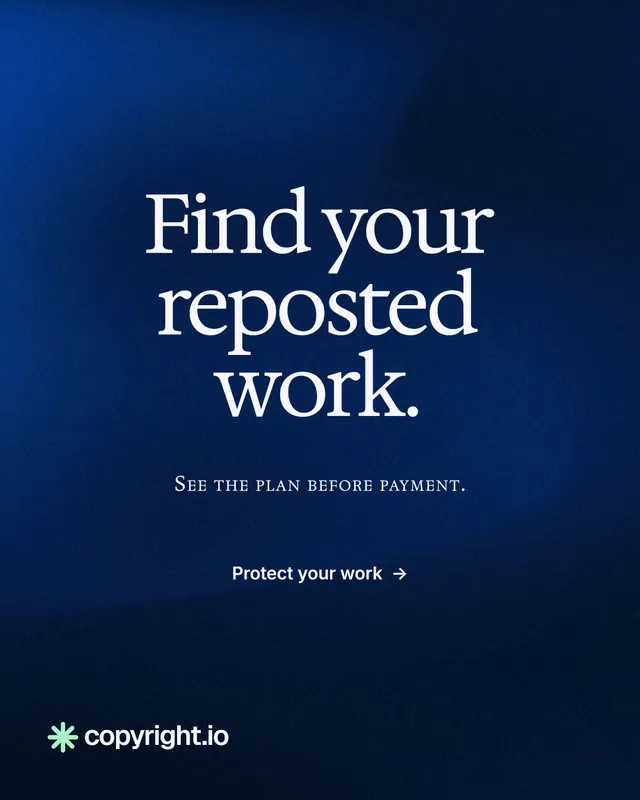 Instagram portrait post for copyright.io: "Find your reposted work." Swiss style, smallcaps layout, dark palette in blue, black.