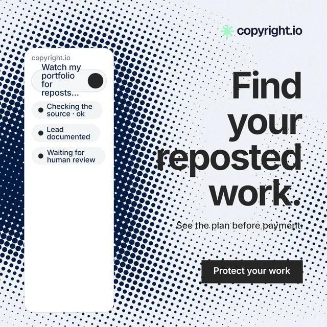 Instagram post for copyright.io: "Find your reposted work." Swiss style, right layout, light palette in grey, blue, white.