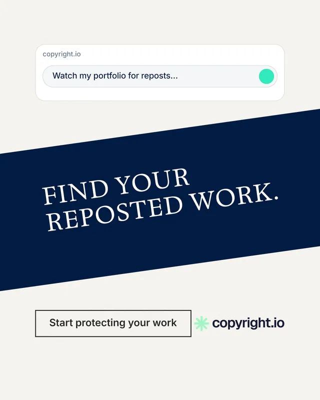 Instagram portrait post for copyright.io: "Find your reposted work." Editorial style, diagonal layout, light palette in white, blue.