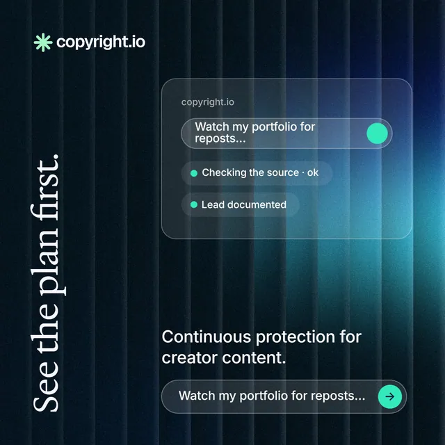 Instagram post for copyright.io: "See the plan first." Agentic glass style, vertical layout, dark palette in blue, black.