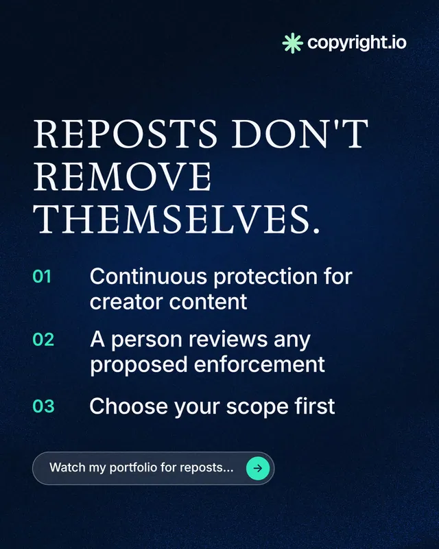 Instagram portrait post for copyright.io: "Reposts don't remove themselves." Agentic glass style, numbered layout, dark palette in black, blue, grey.