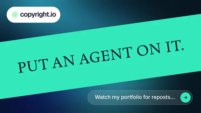 Landscape graphic for copyright.io: "Put an agent on it." Agentic glass style, diagonal layout, light palette in teal, blue.