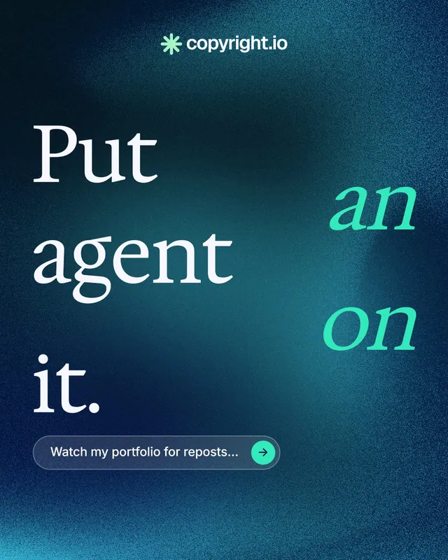 Instagram portrait post for copyright.io: "Put an agent on it." Agentic glass style, stacked layout, dark palette in blue, teal.