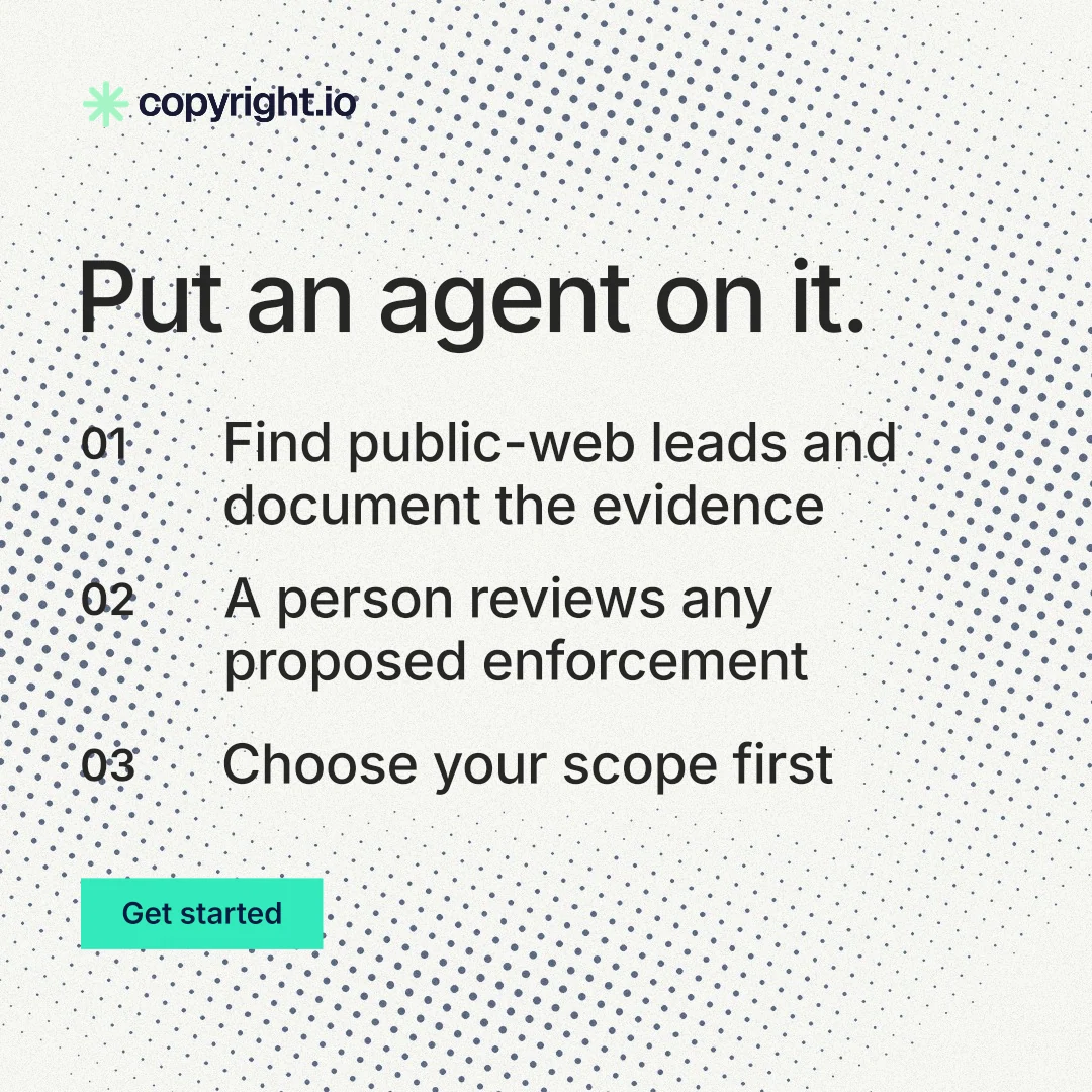 Instagram post for copyright.io: "Put an agent on it." Swiss style, numbered layout, light palette in white, grey.
