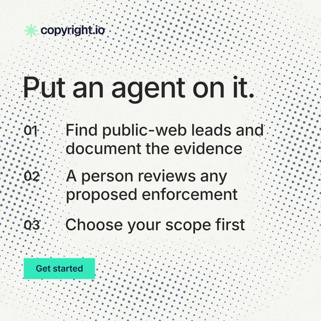 Instagram post for copyright.io: "Put an agent on it." Swiss style, numbered layout, light palette in white, grey.