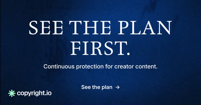 Social ad for copyright.io: "See the plan first." Minimal luxury style, centred layout, dark palette in blue, black.
