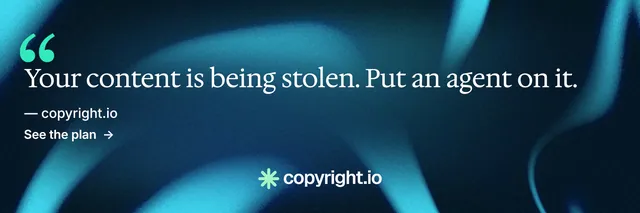 X header for copyright.io: "Reposts don't remove themselves." Minimal luxury style, quote layout, dark palette in black, blue, teal.