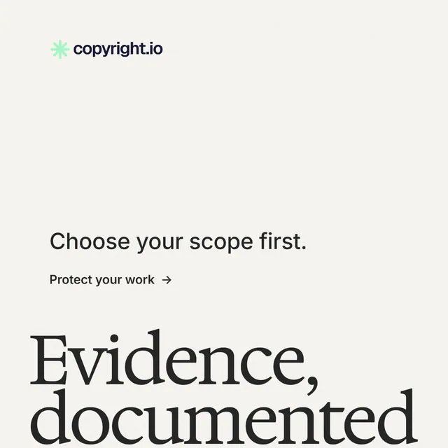Instagram post for copyright.io: "Evidence, documented." Minimal luxury style, oversized layout, light palette in white, grey.