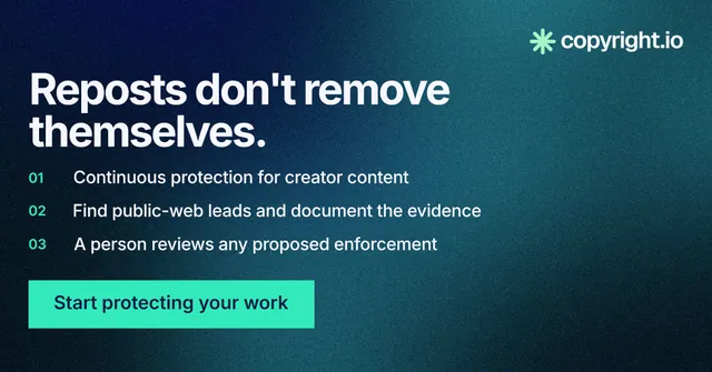 Social ad for copyright.io: "Reposts don't remove themselves." Swiss style, numbered layout, dark palette in teal, black, blue.