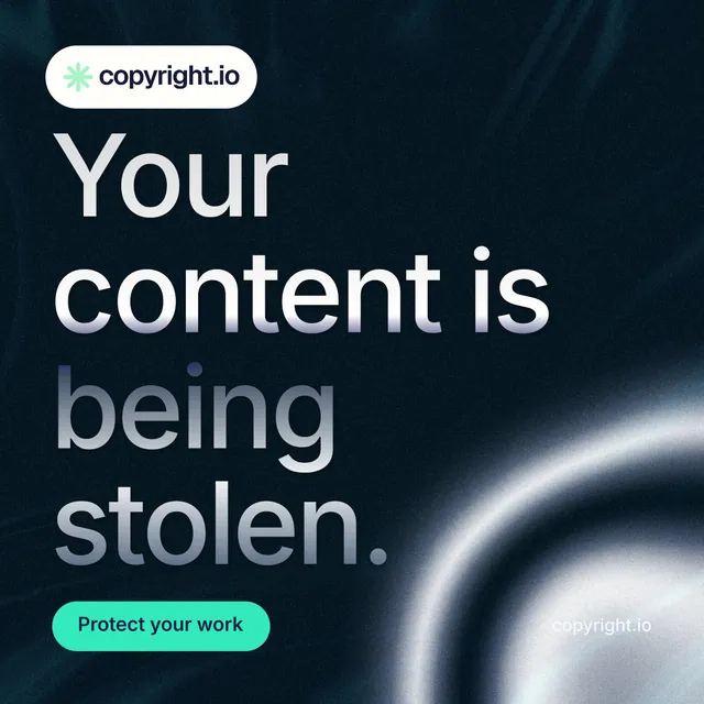 Instagram post for copyright.io: "Your content is being stolen." Y2K style, poster layout, dark palette in black, grey, blue.