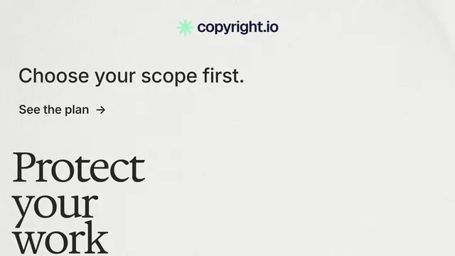 Landscape graphic for copyright.io: "Put an agent on it." Minimal luxury style, oversized layout, light palette in white.