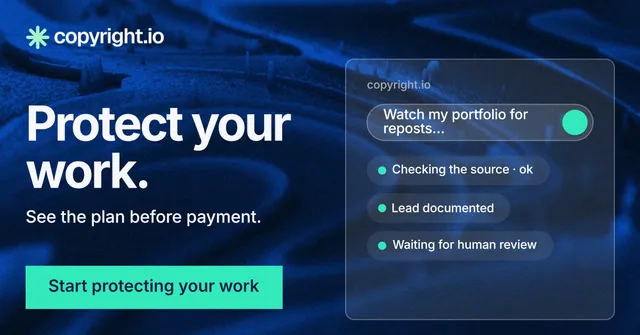 Social ad for copyright.io: "Protect your work." Swiss style, bottom layout, dark palette in black, blue, teal.