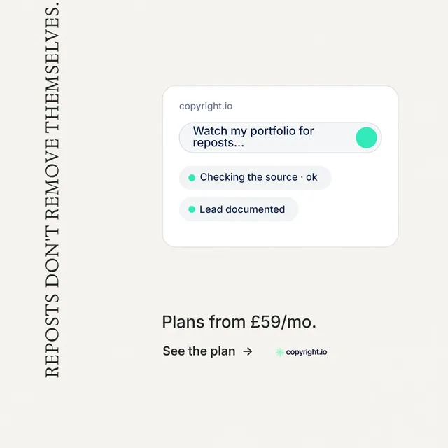 Instagram post for copyright.io: "Reposts don't remove themselves." Minimal luxury style, vertical layout, light palette in white.