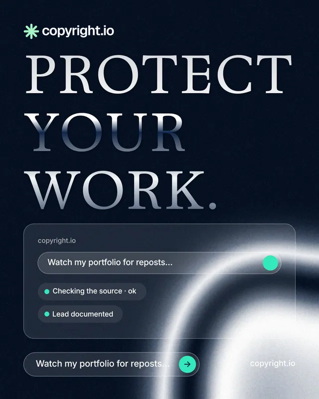 Instagram portrait post for copyright.io: "Protect your work." Agentic glass style, poster layout, dark palette in black, blue, grey.