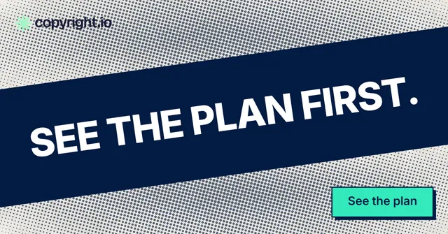 Social ad for copyright.io: "See the plan first." Brutalist style, diagonal layout, light palette in blue, grey.