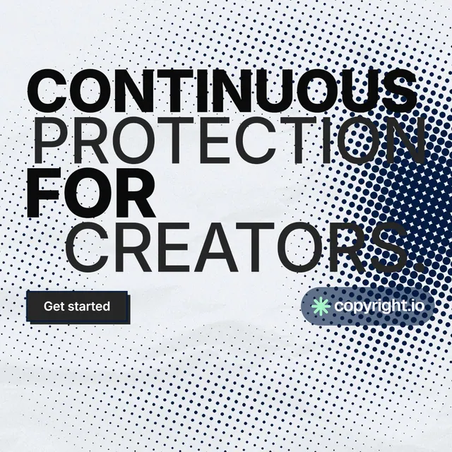 Instagram post for copyright.io: "Continuous protection for creators." Brutalist style, stacked layout, light palette in white, grey.