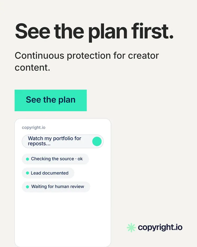 Instagram portrait post for copyright.io: "See the plan first." Swiss style, skeleton layout, light palette in white, teal.