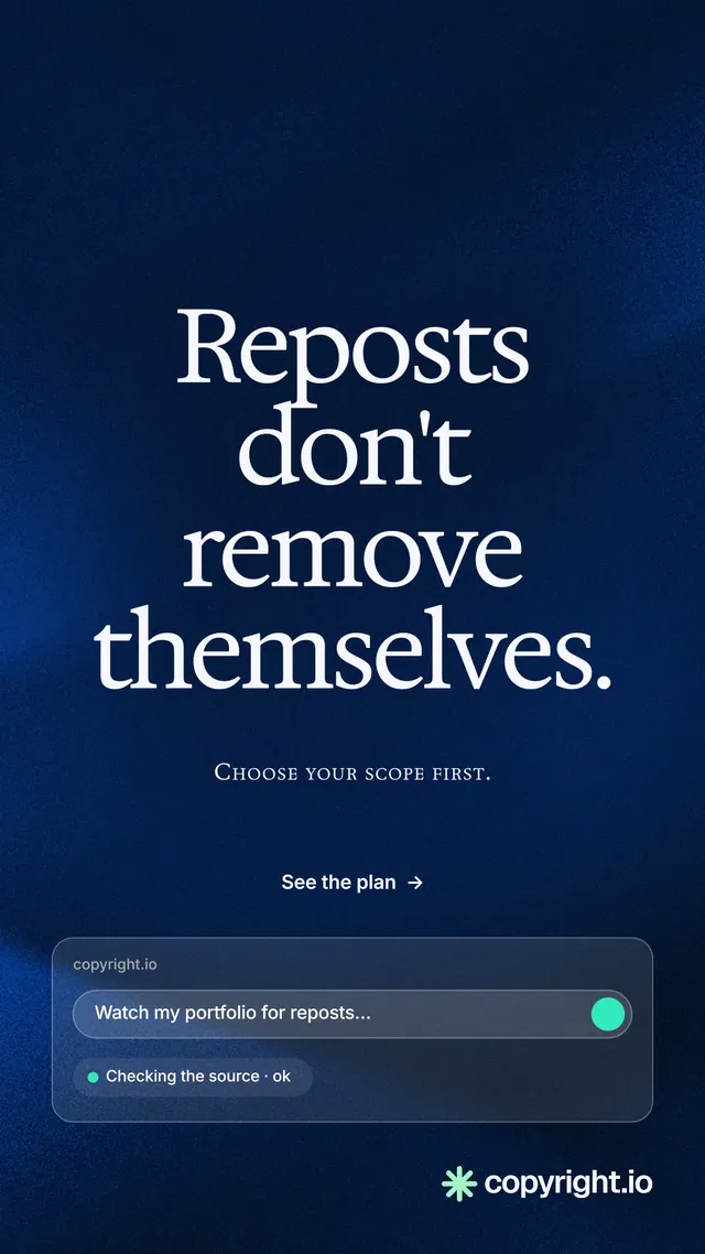 Instagram story for copyright.io: "Reposts don't remove themselves." Swiss style, smallcaps layout, dark palette in blue, black.