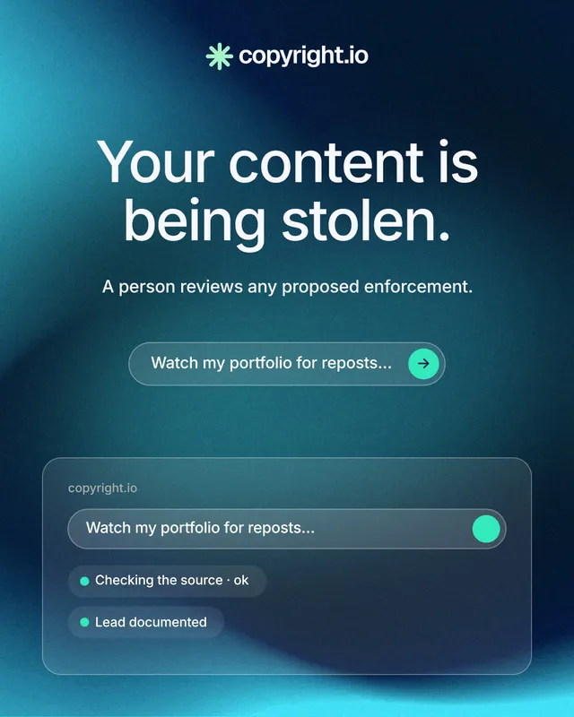 Instagram portrait post for copyright.io: "Your content is being stolen." Agentic glass style, centred layout, dark palette in blue, teal.
