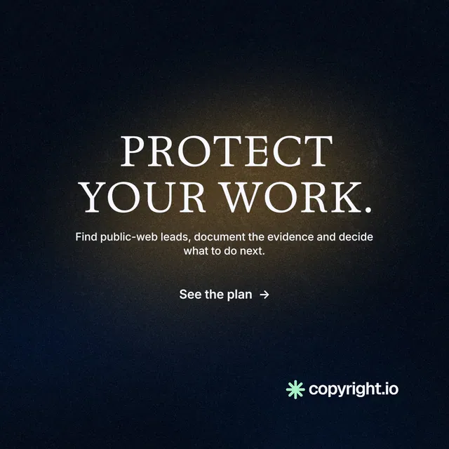 Instagram post for copyright.io: "Protect your work." Minimal luxury style, centred layout, dark palette in black, grey.