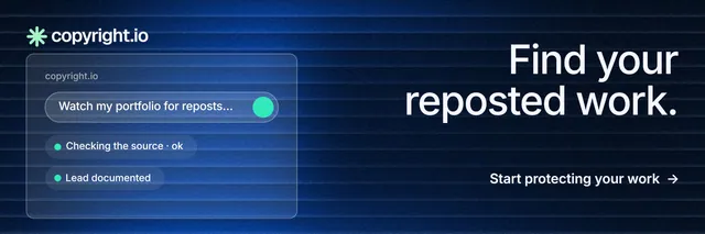 X header for copyright.io: "Find your reposted work." Minimal luxury style, right layout, dark palette in blue, black.
