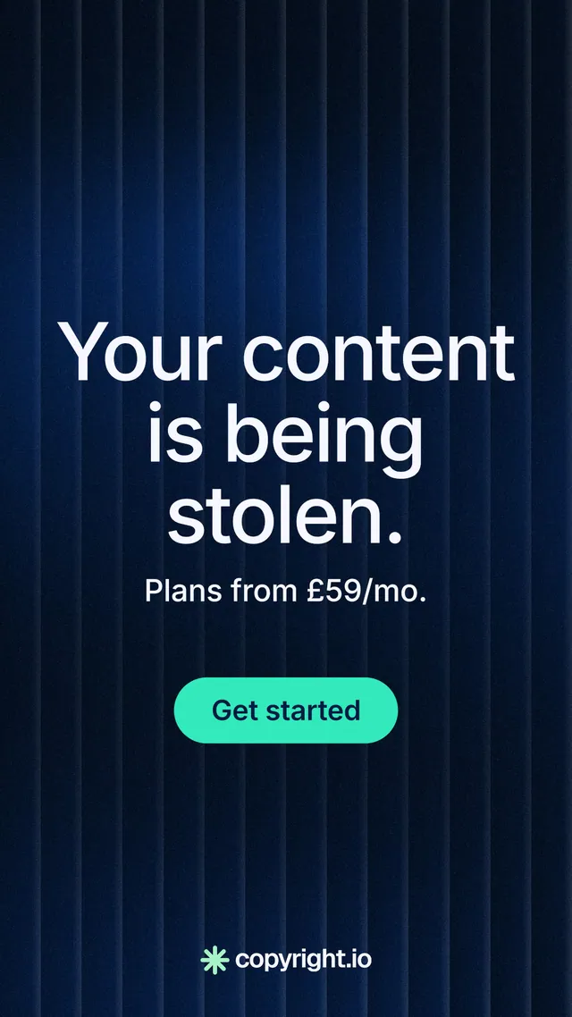 Instagram story for copyright.io: "Your content is being stolen." Agentic glass style, skeleton layout, dark palette in blue, black.